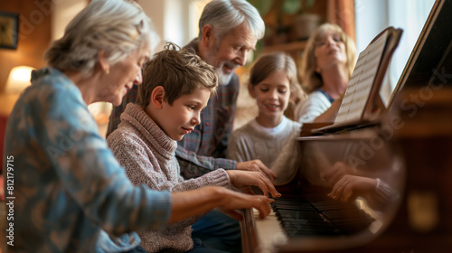 Four generations of family members gathered around a piano, with grandparents playing classic tunes, parents singing along, and children dancing. Dynamic and dramatic composition, photo