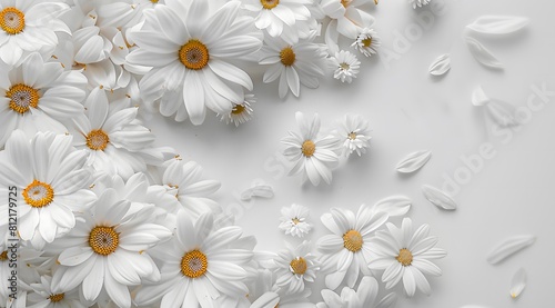 White daisies with yellow centers and scattered petals on a white background. Flat lay composition with copy space. Spring floral design concept for greeting cards  invitations  and posters