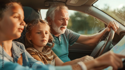 A family road trip adventure, with grandparents navigating the map, parents driving the car, and children spotting landmarks along the way. Dynamic and dramatic composition, with c