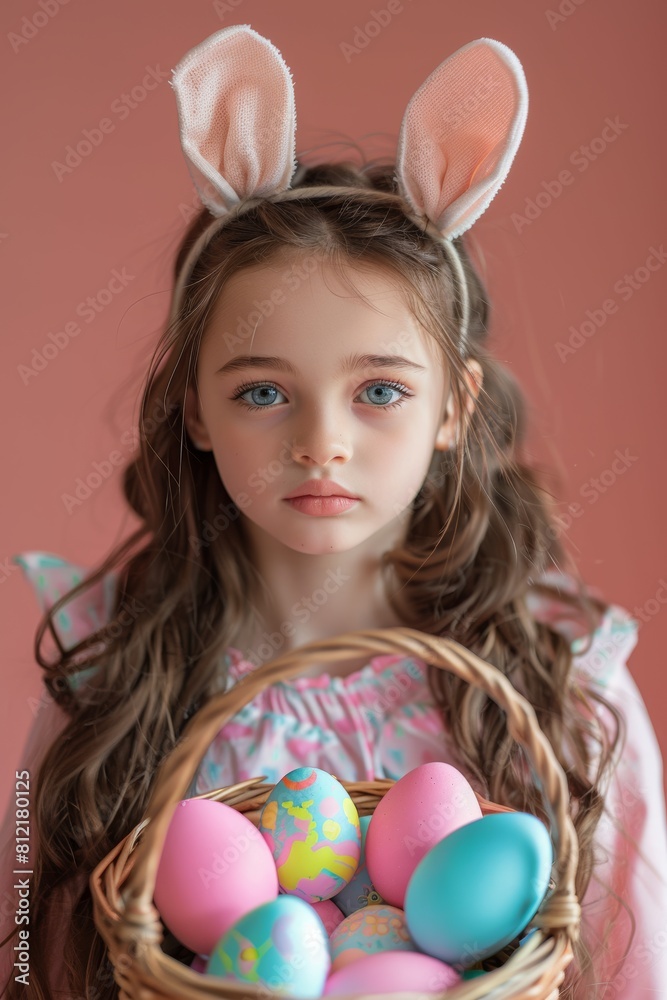 Little Girl With Bunny Ears Holding Basket of Eggs Little Girl With Bunny Ears Holding Basket of Eggs