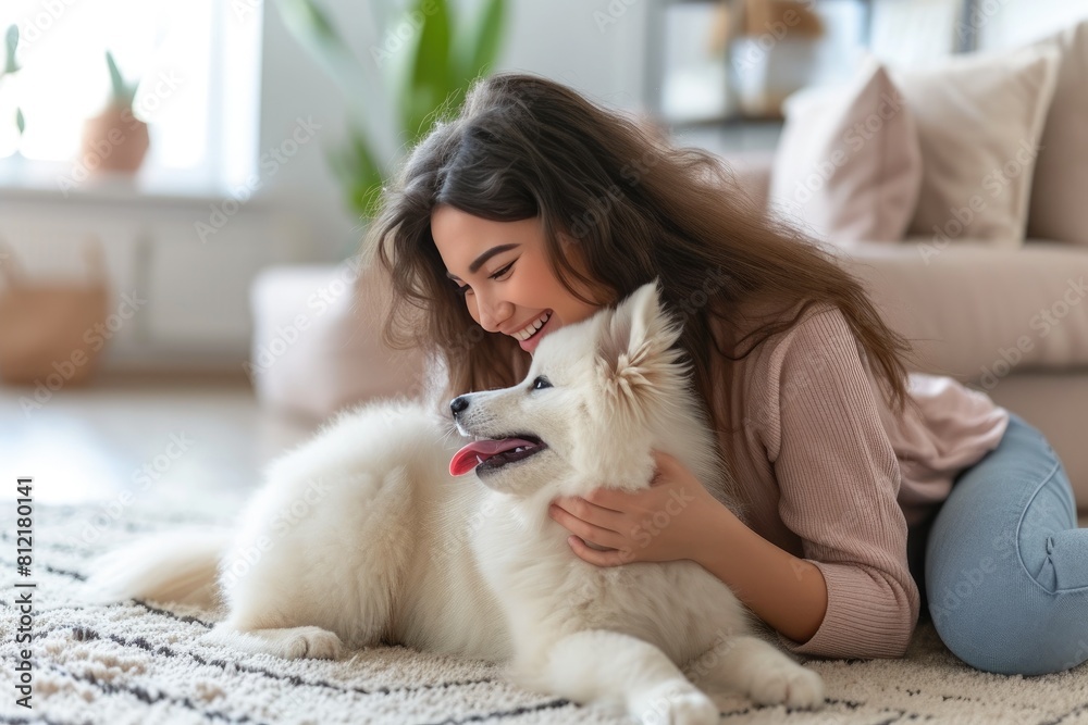 Joyful Bonding: Woman and Dog Embracing Fun Moments Joyful Bonding: Woman and Dog Embracing Fun Moments