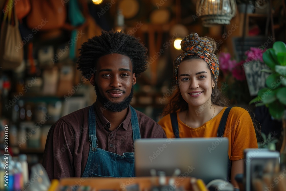 Obraz premium Online Entrepreneurs: Youthful Duo Managing Storefront Digitally