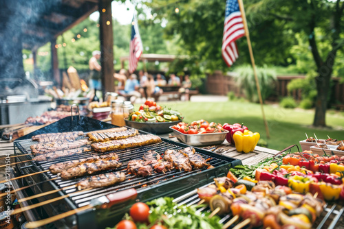 A backyard barbecue party celebrating the 4th of July, with friends and family enjoying grilled foods,