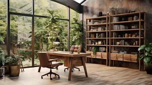 Design a nature-inspired home office with earthy colors and natural textures