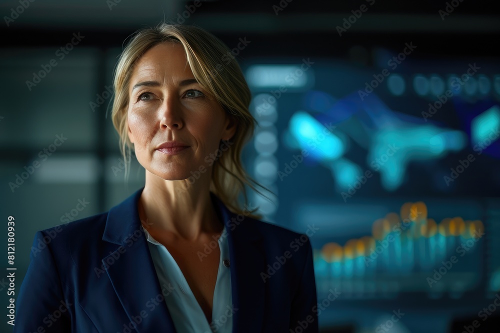 Serious Businesswoman Monitoring Financial Risks on Screen