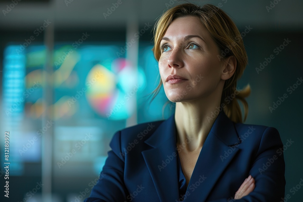 Analyzing Risk: Professional Woman in Dark Blue Suit Analyzing Risk: Professional Woman in Dark Blue Suit