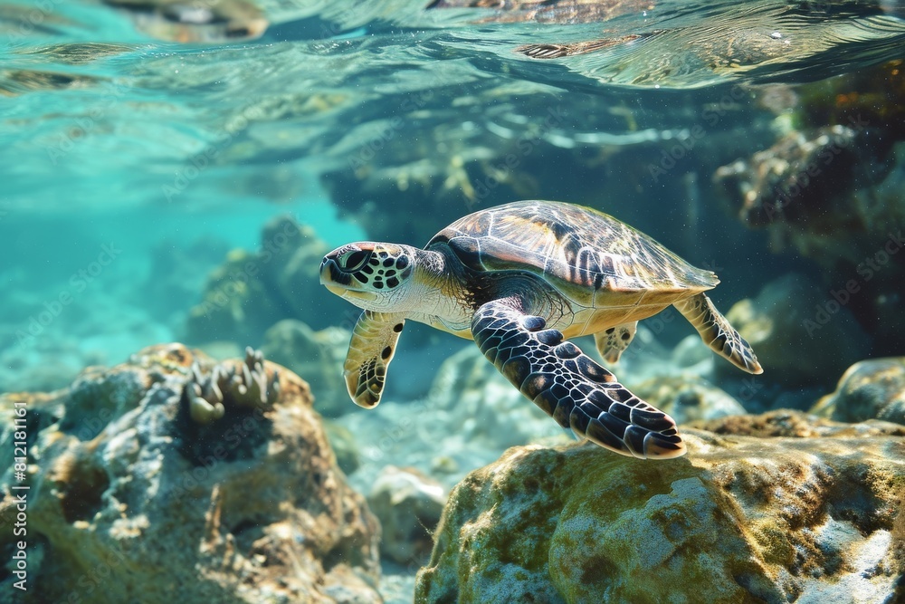 Fototapeta premium Turtle, Underwater wildlife panorama Coral reef with wild sea turtles , AI generated