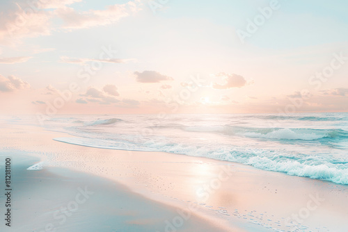 A serene beach scene at sunset  with pastel hues painting the sky and gentle waves lapping against the shore