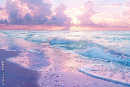 A serene beach scene at sunset  with pastel hues painting the sky and gentle waves lapping against the shore