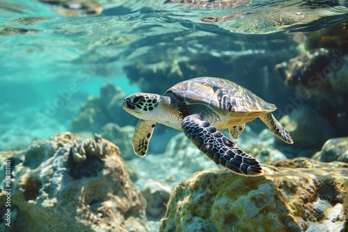  Turtle  Underwater wildlife panorama Coral reef with wild sea turtles   AI generated