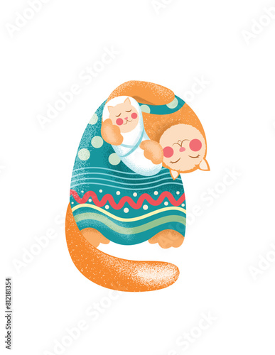 Mom cat with a small kitten in her arms who is sleeping. Vector. Children's illustration.
