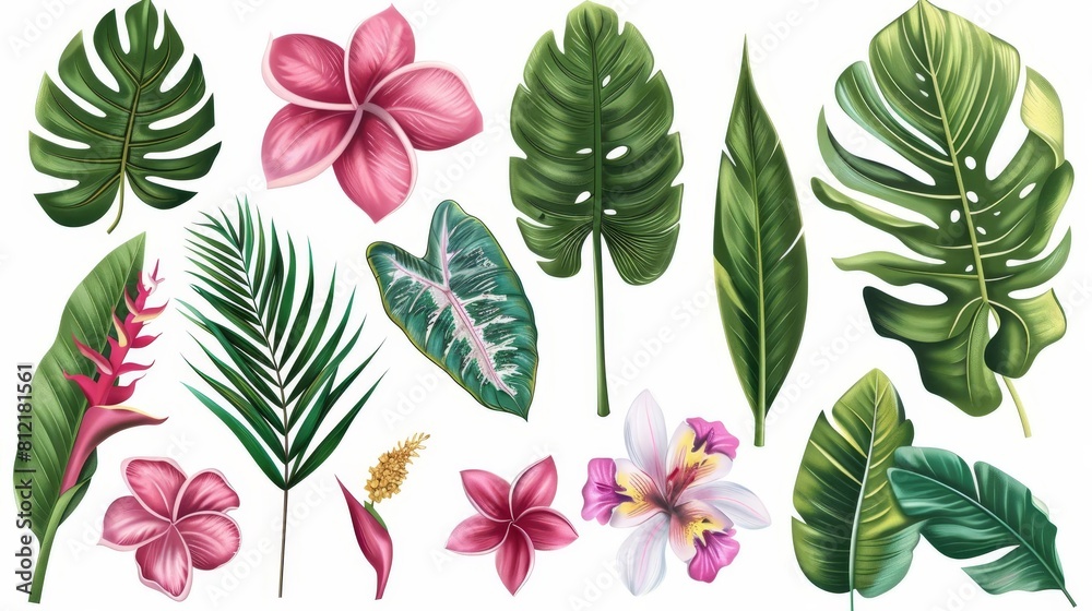 exotic tropical leaves and flowers isolated on white digital illustration set exotic tropical leaves and flowers isolated on white digital illustration set