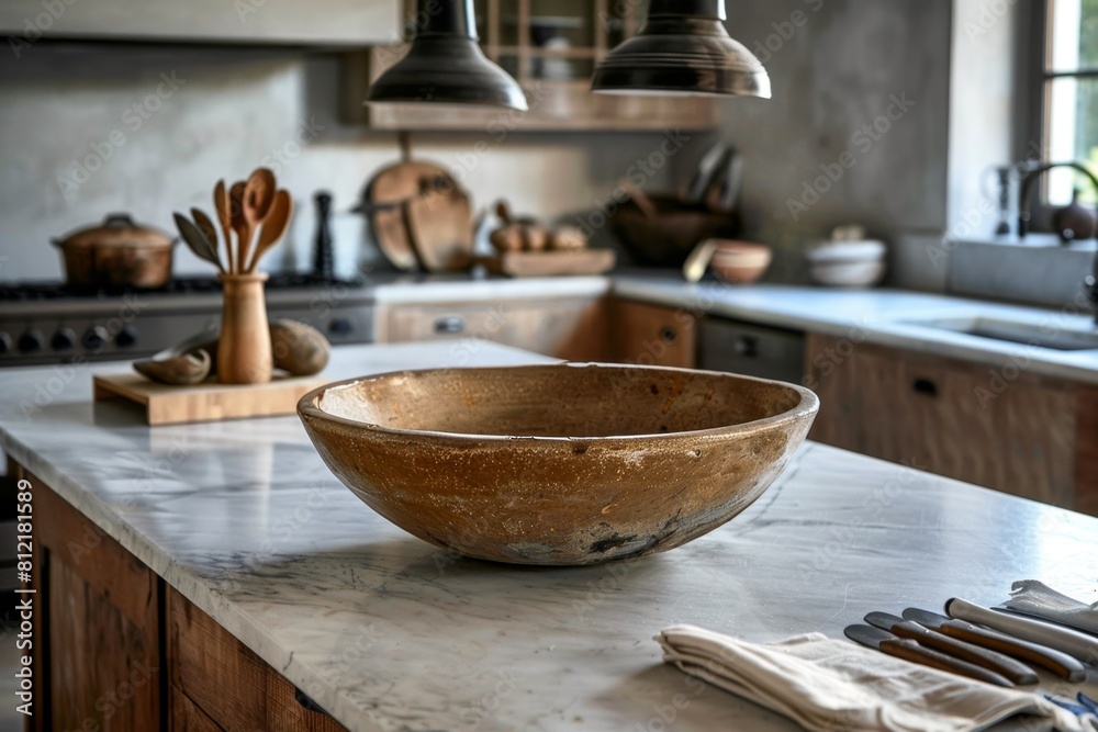 Bowl on a counter in a kitchen with utensils Bowl on a counter in a kitchen with utensils