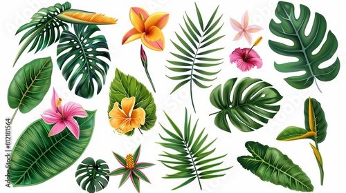 exotic tropical leaves and flowers isolated on white digital illustration set