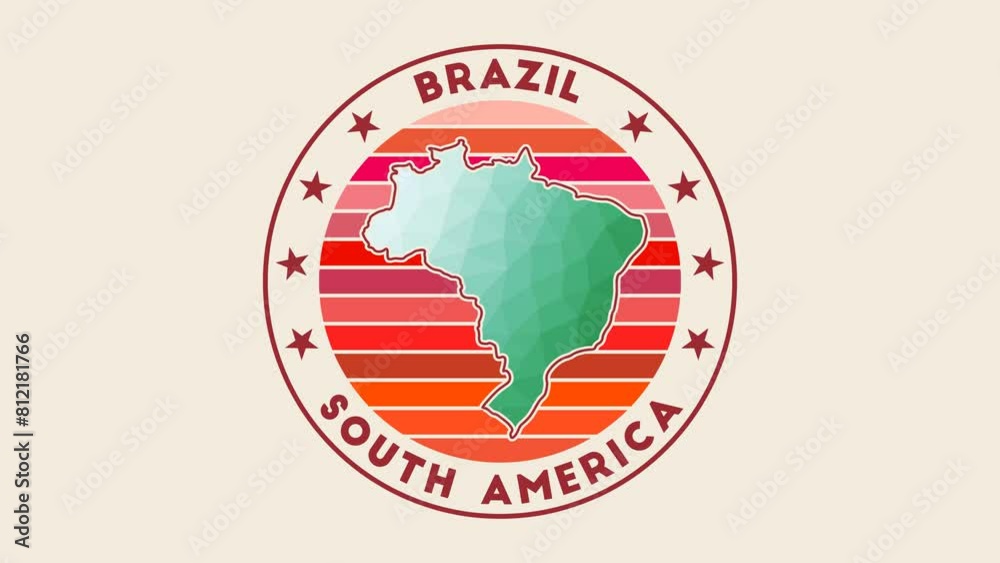 Brazil intro video. Badge with the circular name and map of the country in low poly tech geometric style. Amazing country round logo animation.