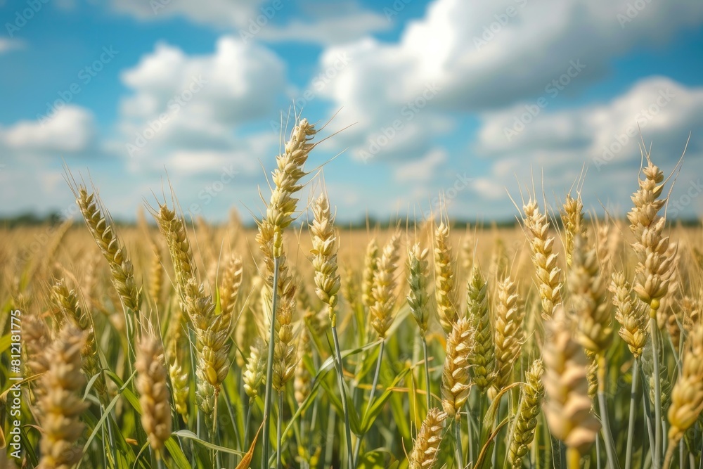 Ripe wheat ears against a serene sky, depicting agricultural abundance