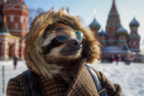Moscow. A sloth with a fur coat and sunglasses enjoys winter in the snow. Generative AI