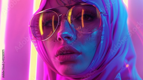 fashionable genz arabic female in neon vaporwave style digital illustration