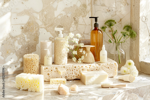 Delve into the world of eco-conscious cleaning with a close-up view of natural cleaning products arranged on a luxurious marble countertop.