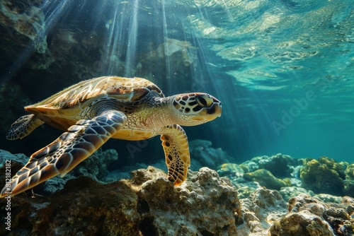  Turtle, Underwater wildlife panorama Coral reef with wild sea turtles , AI generated © Tanu