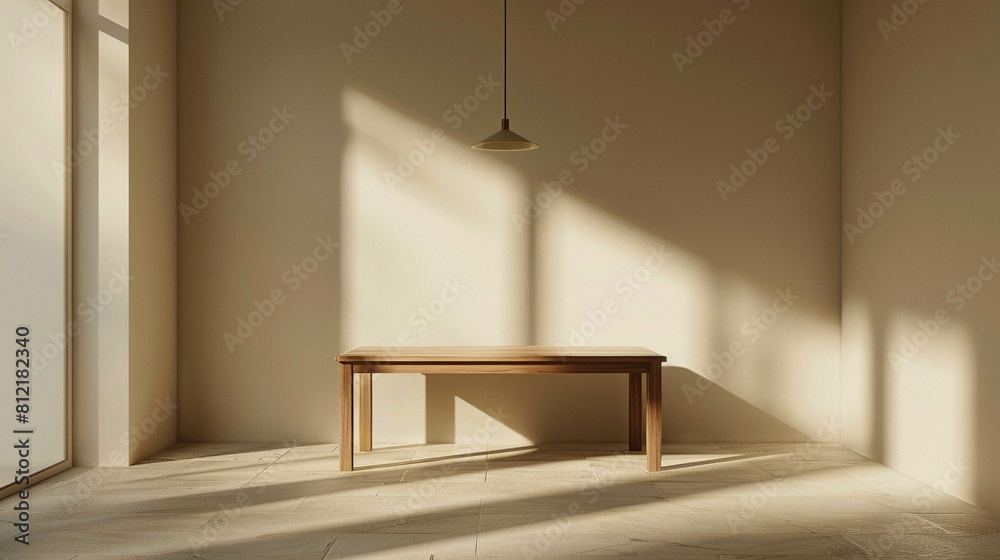 Fototapeta premium Wood table against a light beige wall with the sunlight coming in. Interior design