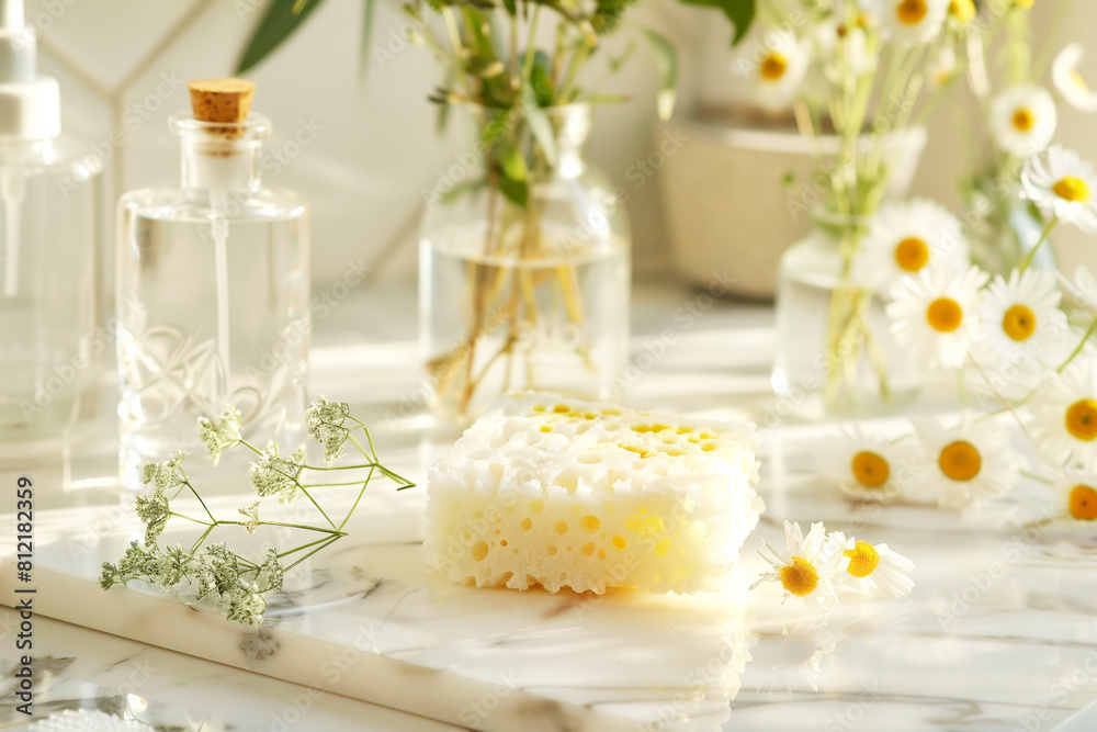 Embark on a journey towards sustainability with a detailed image showcasing eco-friendly cleaning essentials resting gracefully on a marble countertop.