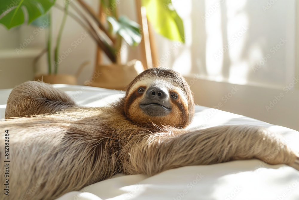 Naklejka premium A dog breed with fawn fur is laying on its back for comfort. Generative AI