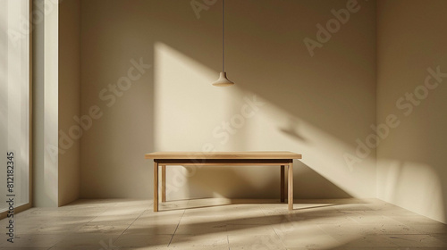 Wood table against a light beige wall with the sunlight coming in. Interior design