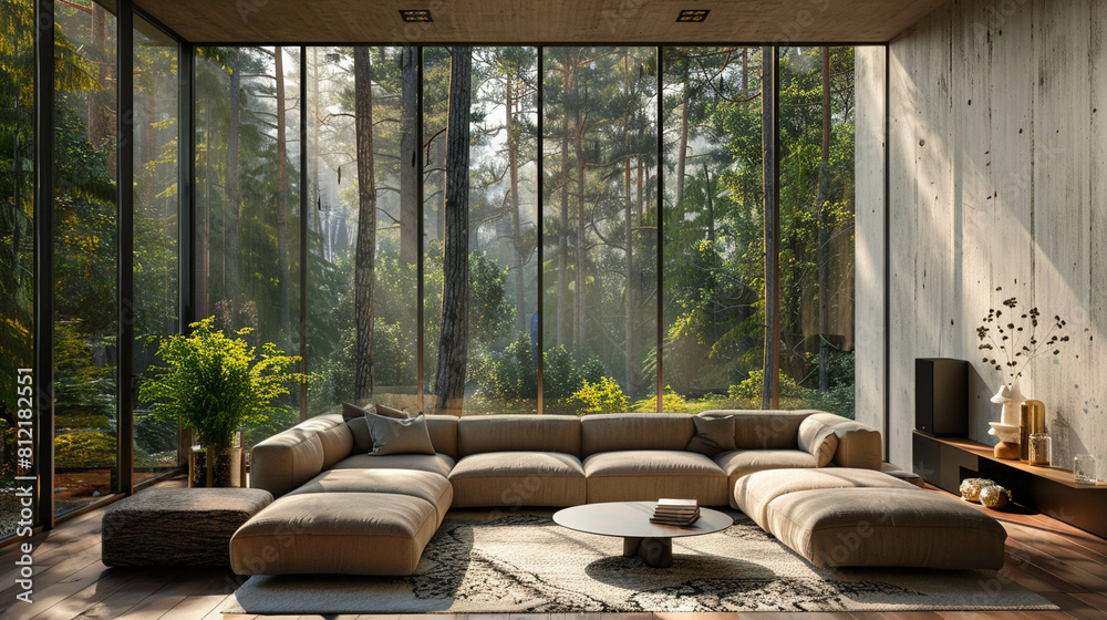 Fototapeta premium Modern living room with big window of glass and forest view 