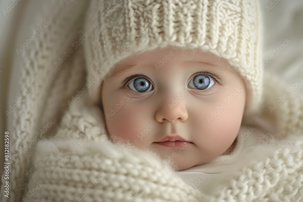 Close-up of a cute baby in a knitted hat and blanket, showcasing captivating blue eyes Close-up of a cute baby in a knitted hat and blanket, showcasing captivating blue eyes