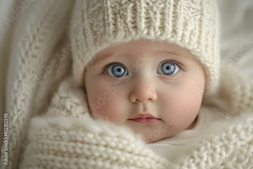 Close-up of a cute baby in a knitted hat and blanket, showcasing captivating blue eyes