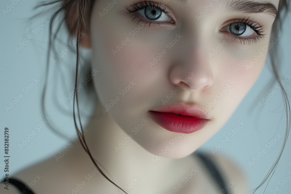 Closeup portrait of young woman with perfect skin, stylish makeup. Beauty and fashion model with bright lipstick, clean and fresh look. Glamorous, attractive female face, health. Closeup portrait of young woman with perfect skin, stylish makeup. Beauty and fashion model with bright lipstick, clean and fresh look. Glamorous, attractive female face, health.