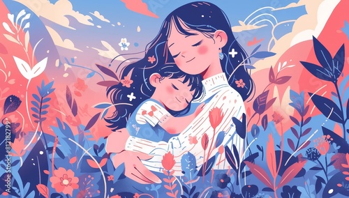 A mother holding her child in her arms, surrounded by blooming flowers and mountains under sunset. 