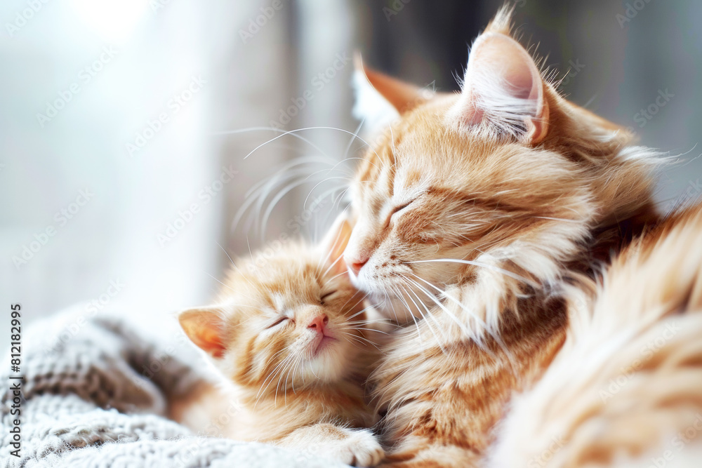 Fluffy red cat kisses her kitten on pink background . Mother's Day concept.