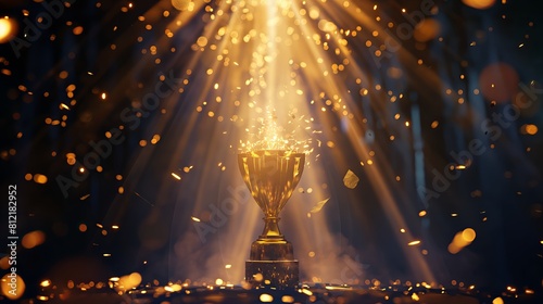 Celebration of Success: Golden Trophy Under Spotlight with Confetti on Stage