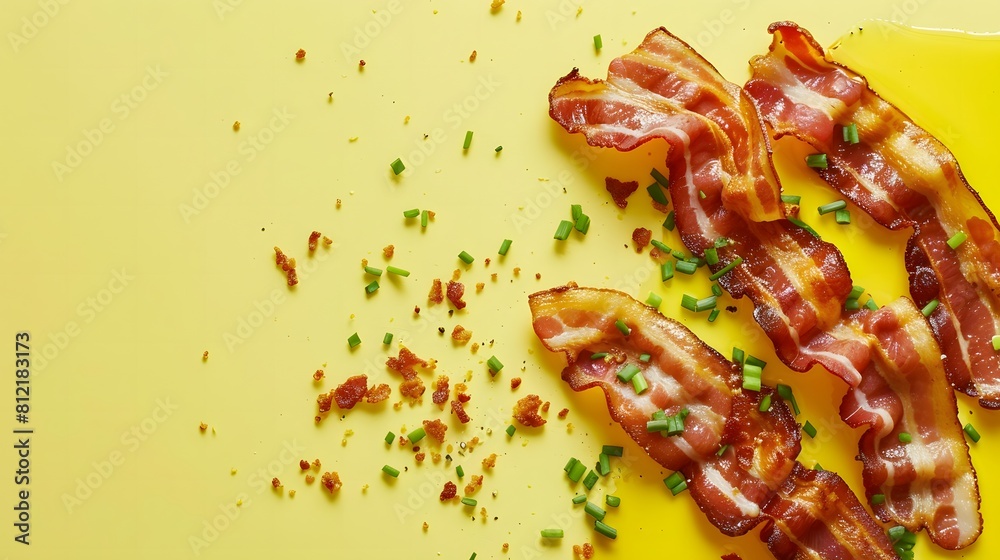 Crispy bacon strips with a sprinkle of chives on a yellow background. Flat lay composition with copy space. Savory breakfast concept for design and print. Crispy bacon strips with a sprinkle of chives on a yellow background. Flat lay composition with copy space. Savory breakfast concept for design and print.