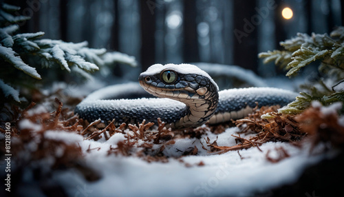 Chinese New Year 2025. Year of the Snake. Cute snake with big eyes in winter forest with snow and trees. photo