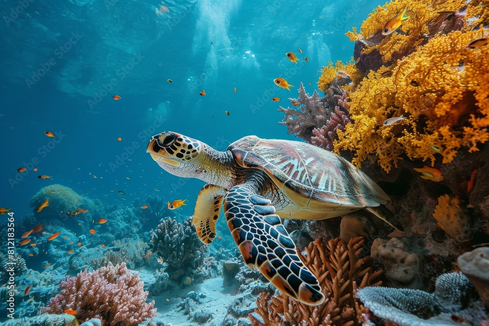 Obraz premium Turtle, Underwater wildlife panorama Coral reef with wild sea turtles , AI generated