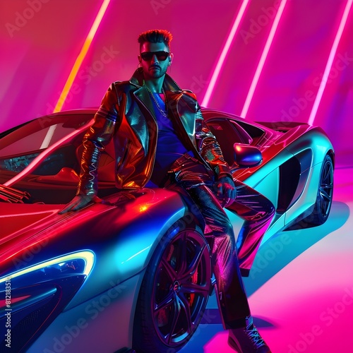 Fashion Model Dashingly Poses on Futuristic Sports Car Roof in Highend Magazine Cover Composition photo