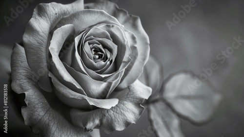 An intimate macro photograph capturing the details of a rose against a romantic Valentine s Day backdrop in classic black and white