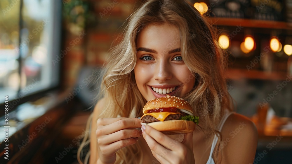 woman eating fast food in caffe at summer woman eating fast food in caffe at summer