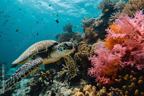  Turtle  Underwater wildlife panorama Coral reef with wild sea turtles   AI generated