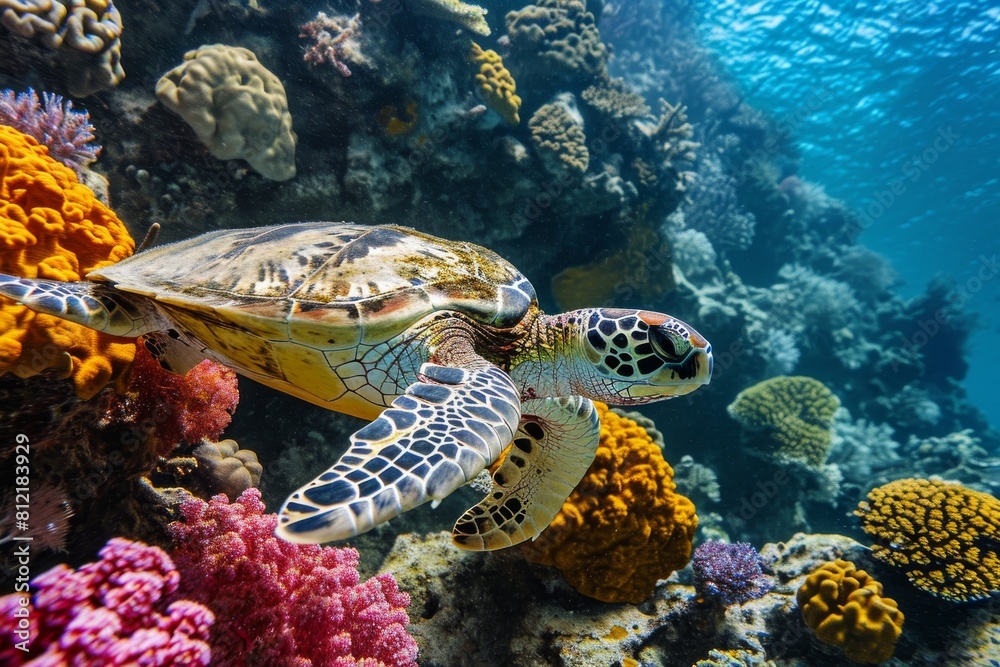 Fototapeta premium Turtle, Underwater wildlife panorama Coral reef with wild sea turtles , AI generated