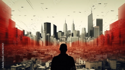 A man stands in front of a large cityscape with a red background. City noise pollution concept photo