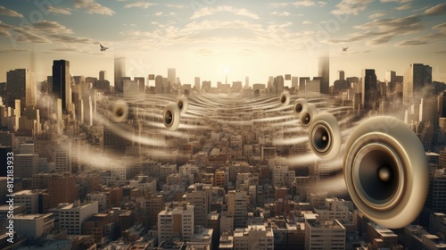 City noise pollution concept. Speakers and sound waves over the city