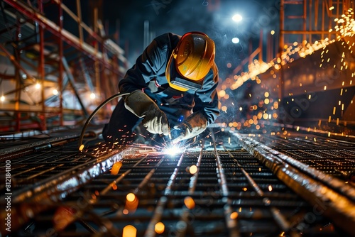 Industrial worker welding steel with sparks flying in factory. Skilled welder in safety mask using advanced technology, machinery in production. Hot, bright light of welding flame.