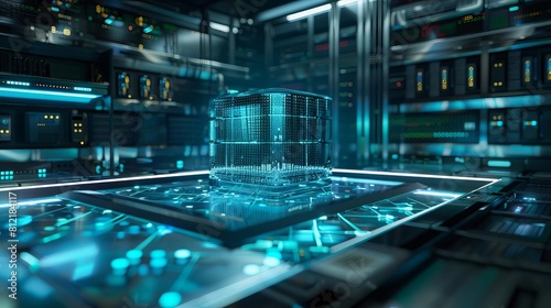 futuristic quantum computing processor in supercomputer server room 3d illustration photo