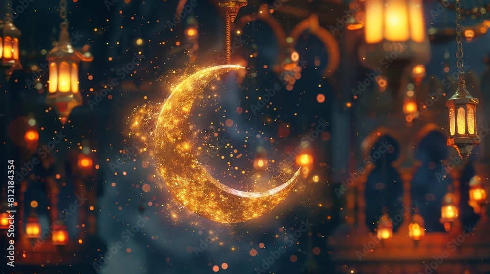 glowing crescent moon and lanterns on elegant ramadan kareem greeting card generative ai art