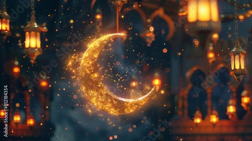 glowing crescent moon and lanterns on elegant ramadan kareem greeting card generative ai art © Bijac