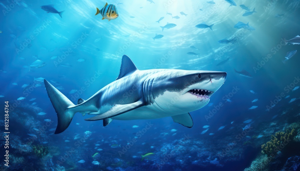 The great White Shark in the ocean, portrait of White shark hunting prey in the underwater The great White Shark in the ocean, portrait of White shark hunting prey in the underwater